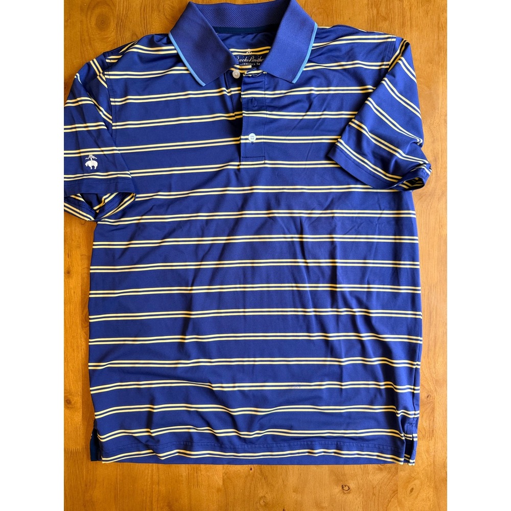 Brooks Brothers Performance Series Blue Yellow Striped Polo Shirt Men Medium 439